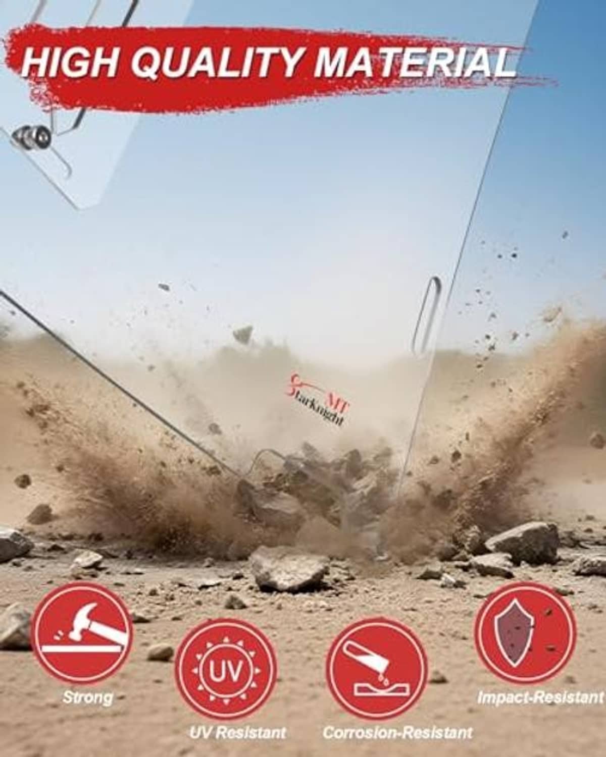 Clear UTV windshield panel shown with impact and UV resistance icons