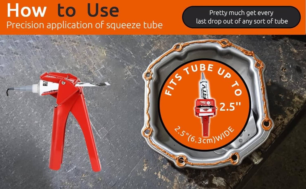 Red RTV tube extrusion tool with nozzle aimed at a circular sealing area
