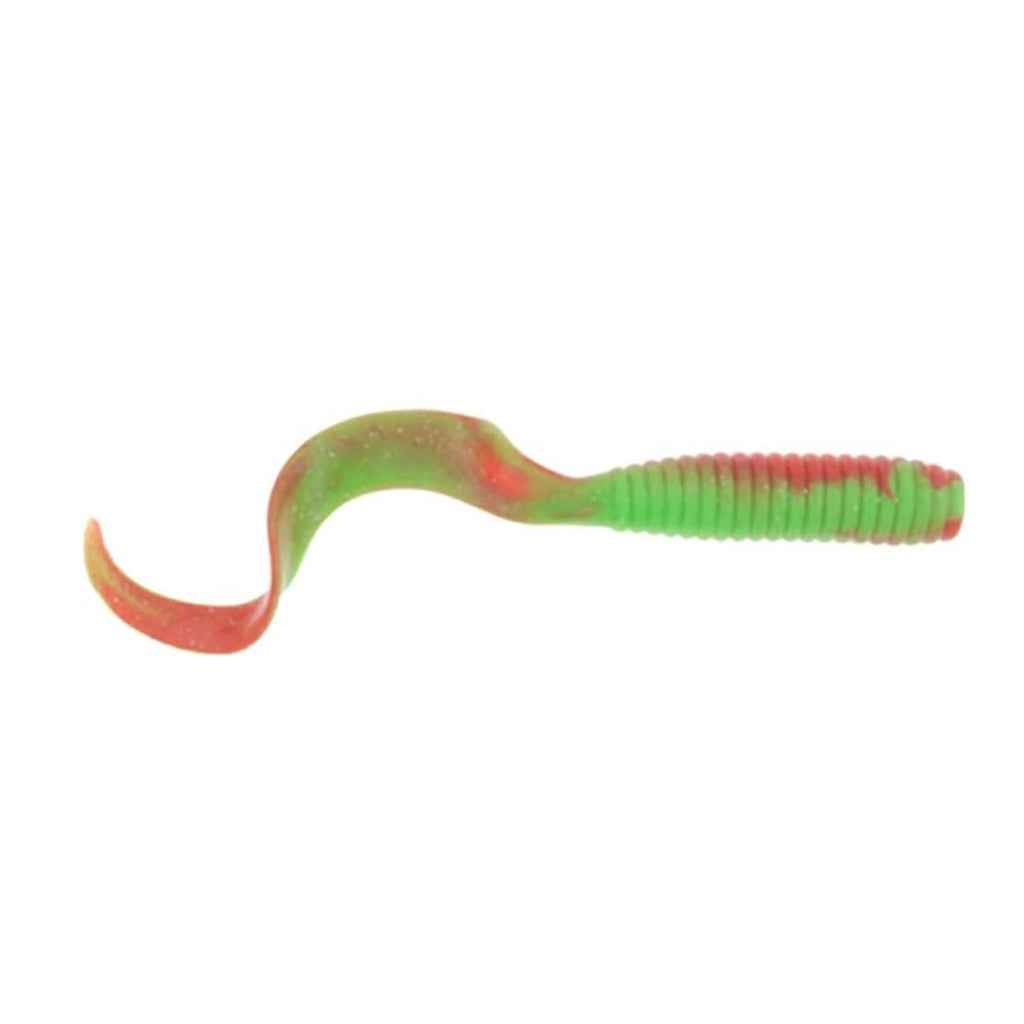 Green and red soft plastic grub bait worm with curly tail