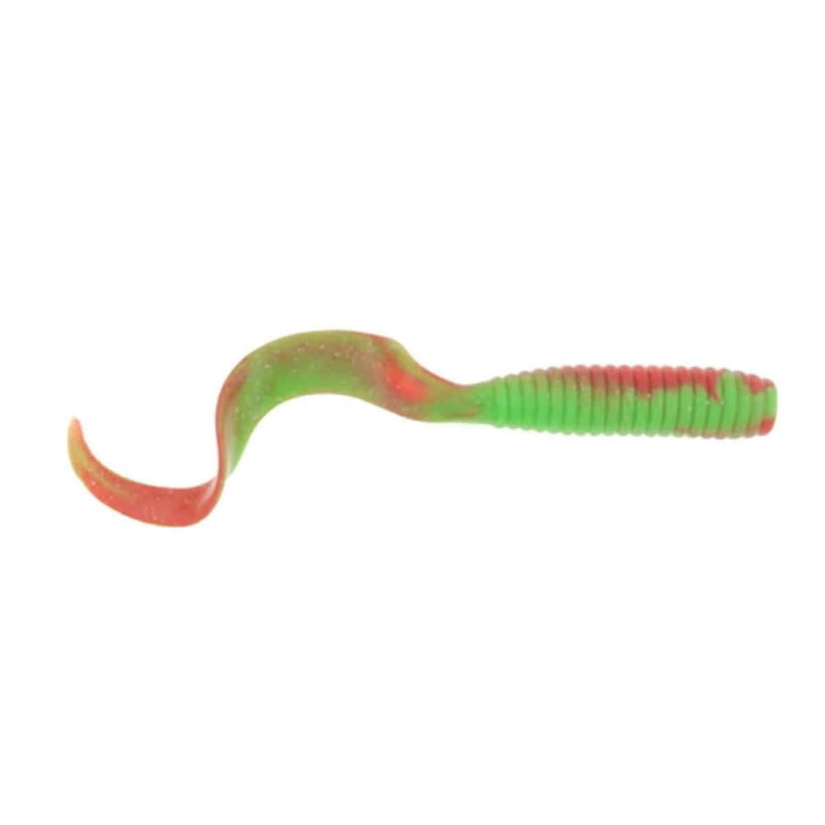Green and red soft plastic grub bait worm with curly tail