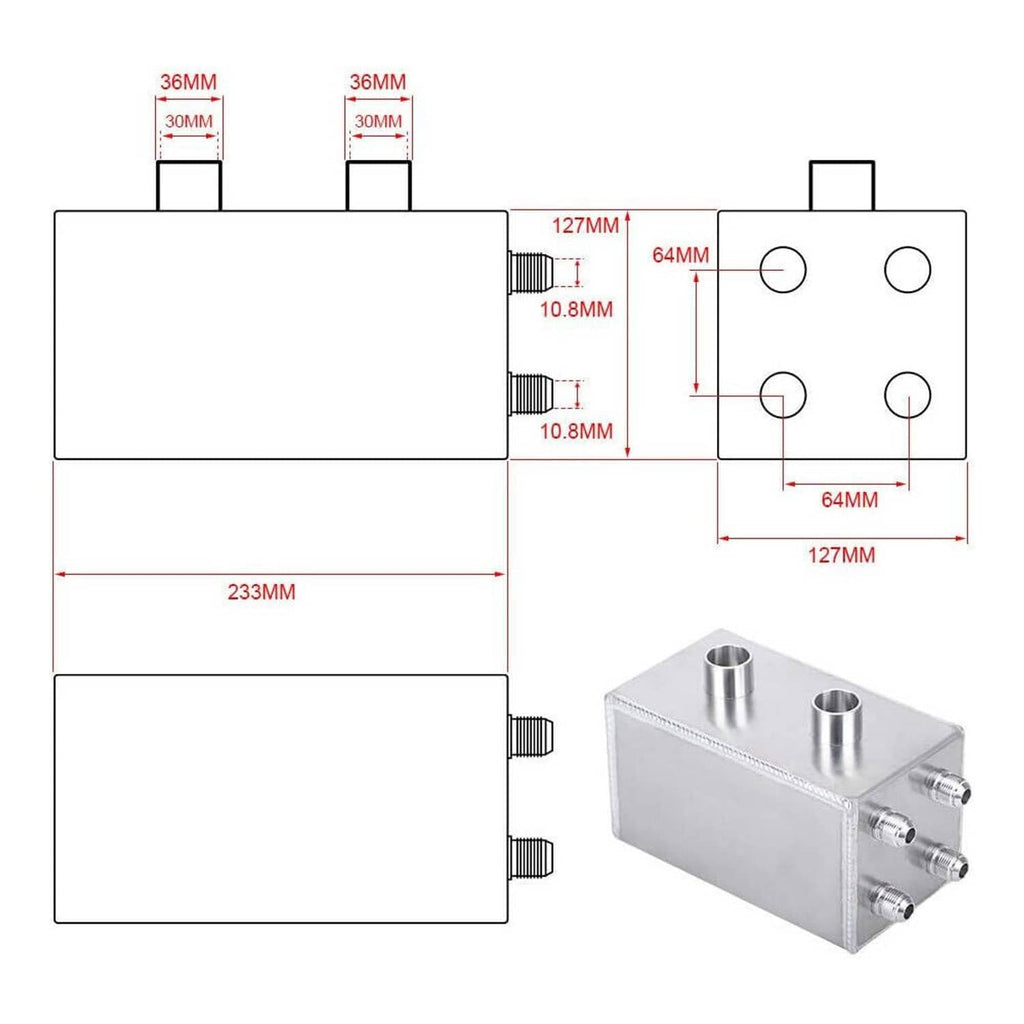 Oil catch can size diagram with port measurements and side-view reference