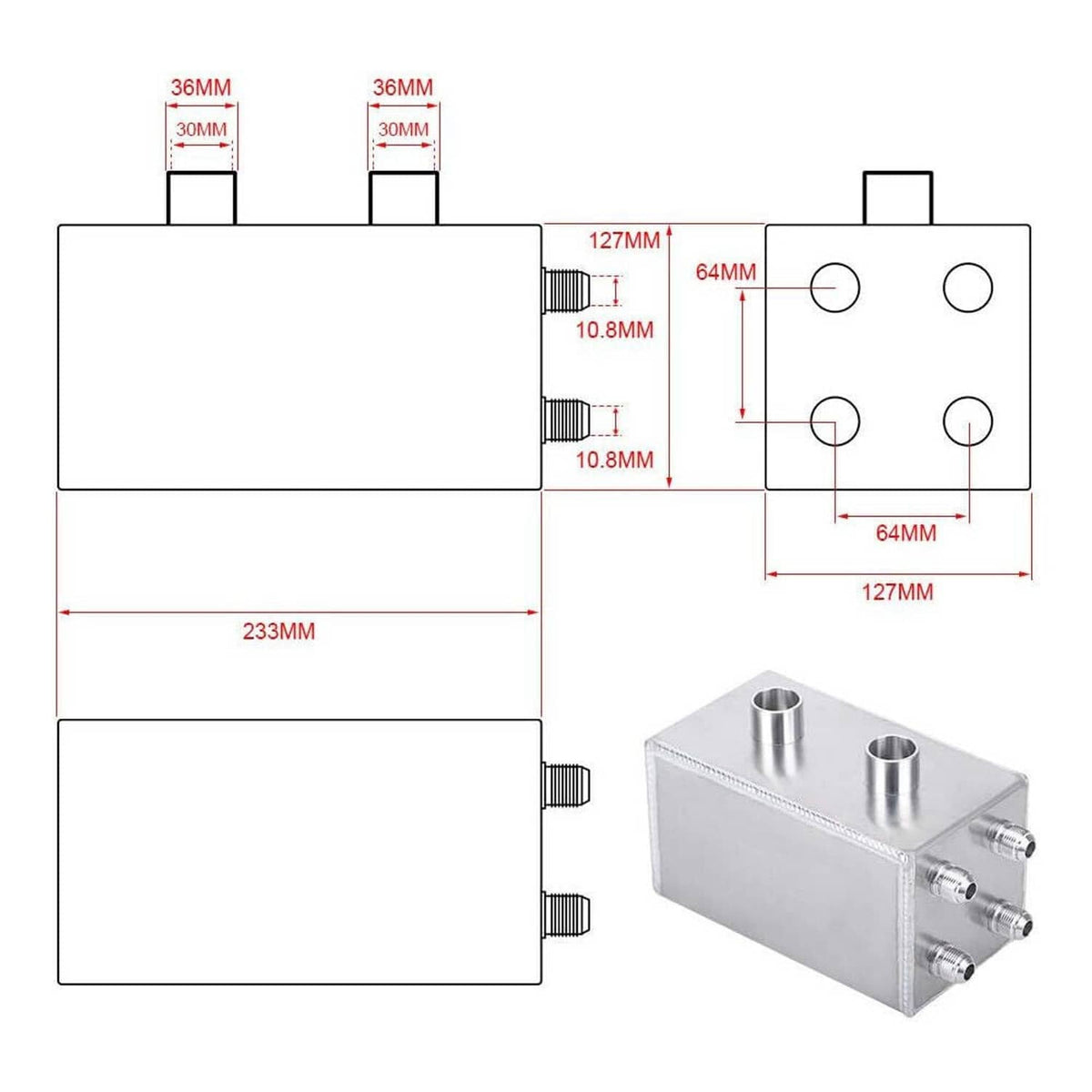 Oil catch can size diagram with port measurements and side-view reference
