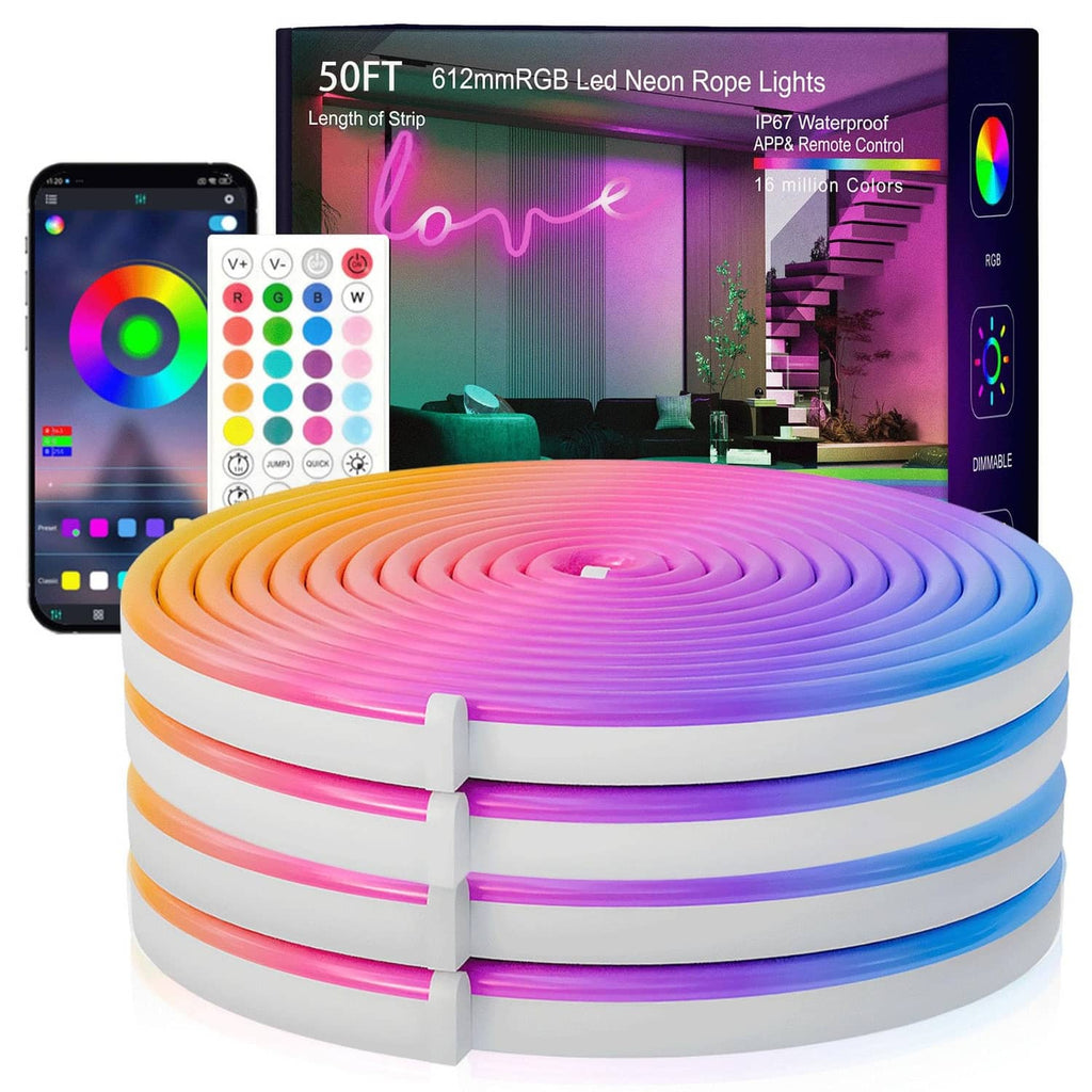 RGB LED neon rope light strip, multicolor coils on white reel, 50ft