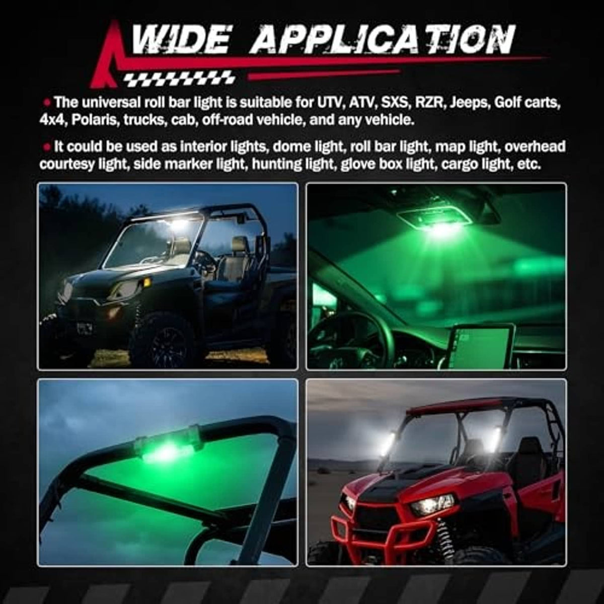 LED dome light bar emitting green light for off-road roll bars