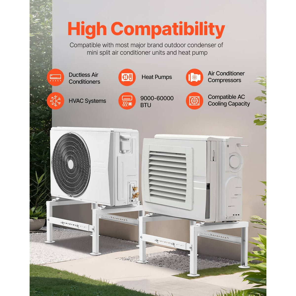 White mini split ground stand for outdoor condenser with adjustable base and legs