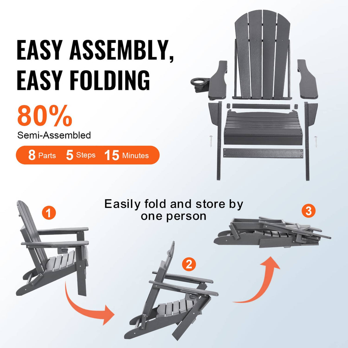 Gray folding Adirondack patio chair shown folded for easy storage, slatted back