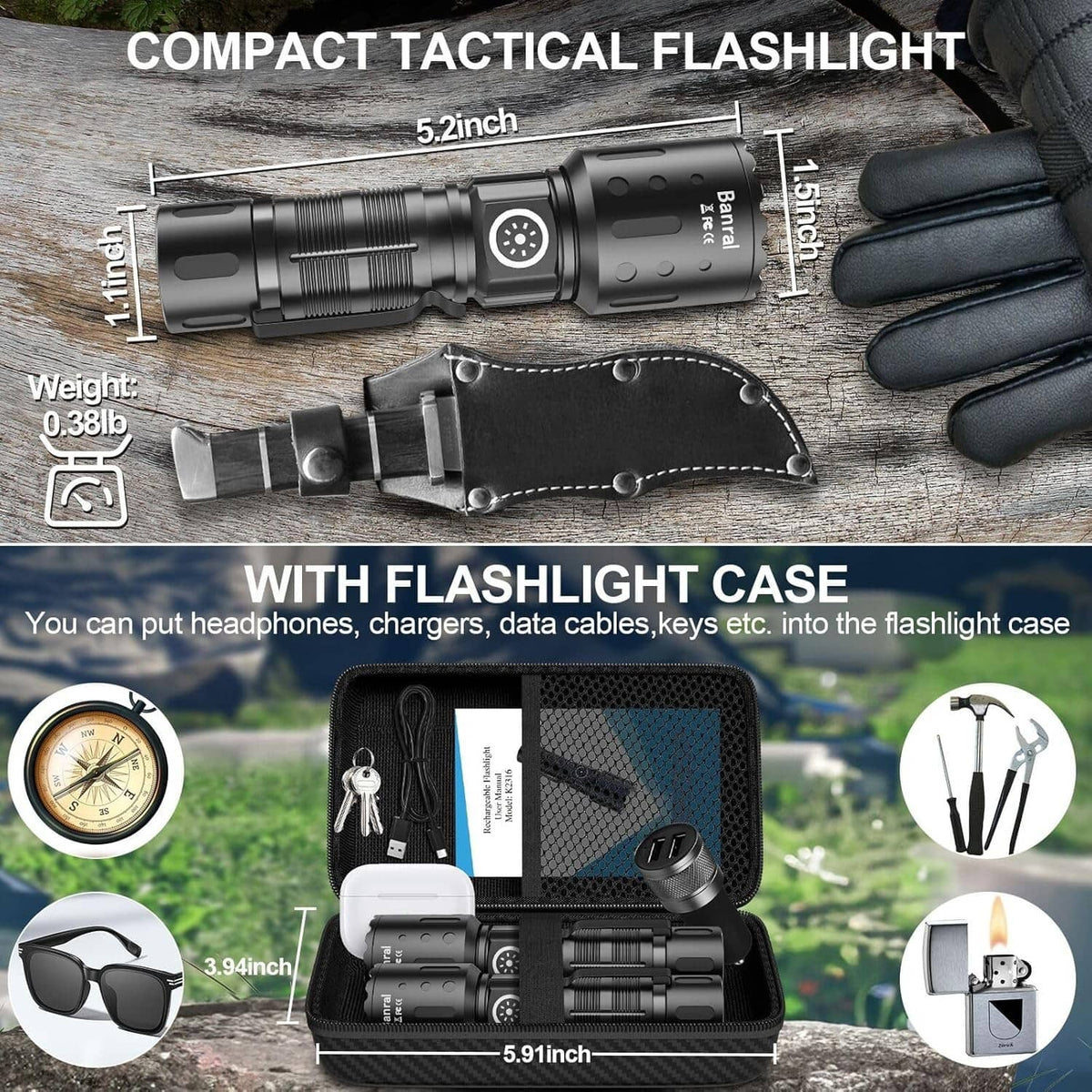 Black tactical rechargeable LED flashlight with carrying case and included accessories