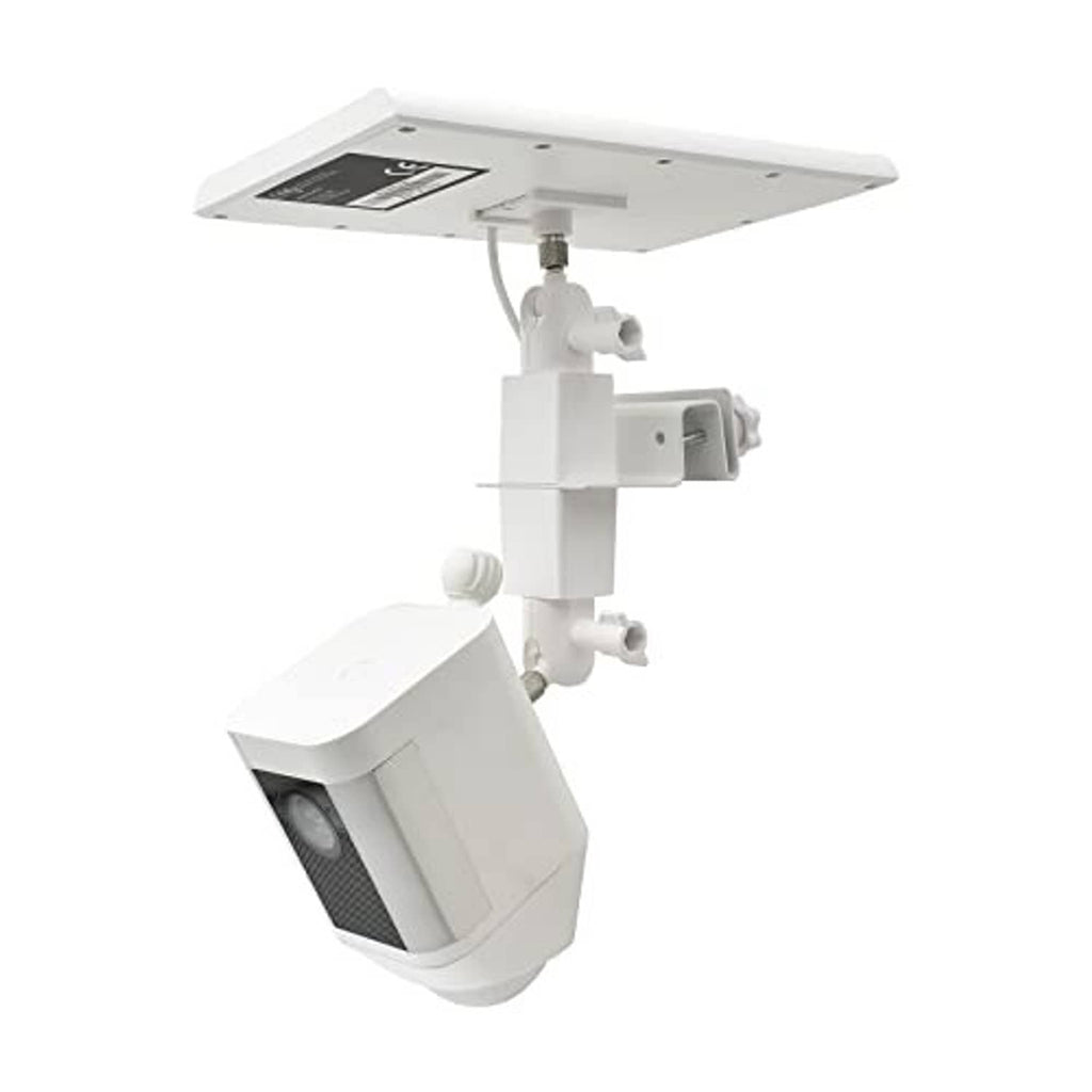 White solar panel and security camera gutter mount with adjustable tilt heads