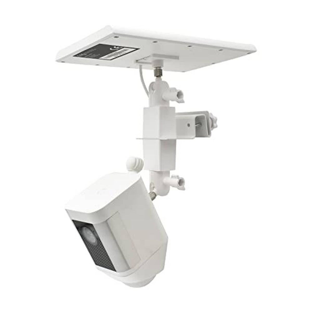 White solar panel and security camera gutter mount with adjustable tilt heads