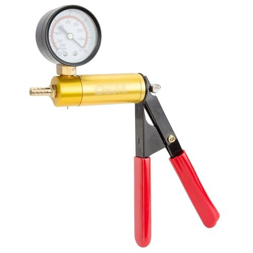 Yellow vacuum pump tester with pressure gauge and red handled clamp tool