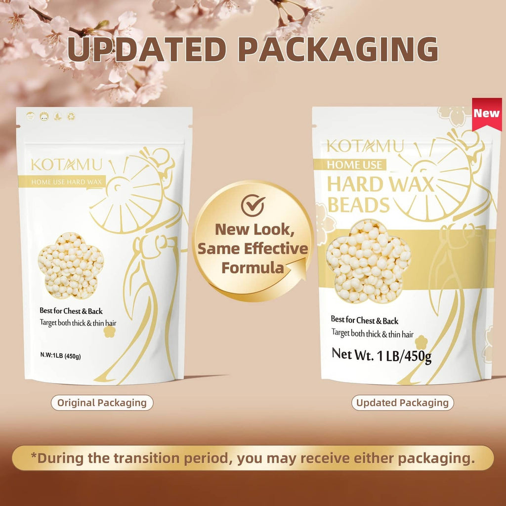 Hard wax beads packaging showing original and updated designs, 1 lb/450 g