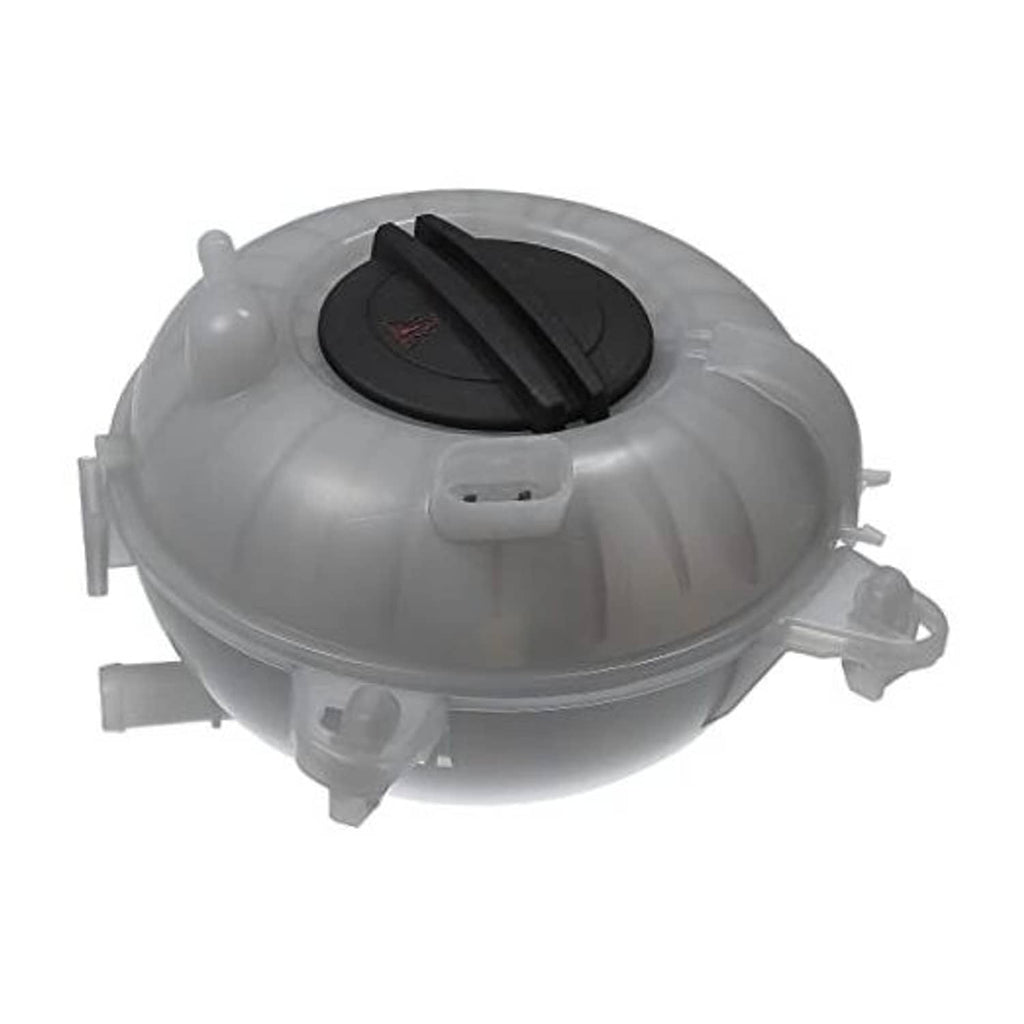 Automotive coolant expansion reservoir tank with black cap, round translucent housing