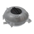 Automotive coolant expansion reservoir tank with black cap, round translucent housing