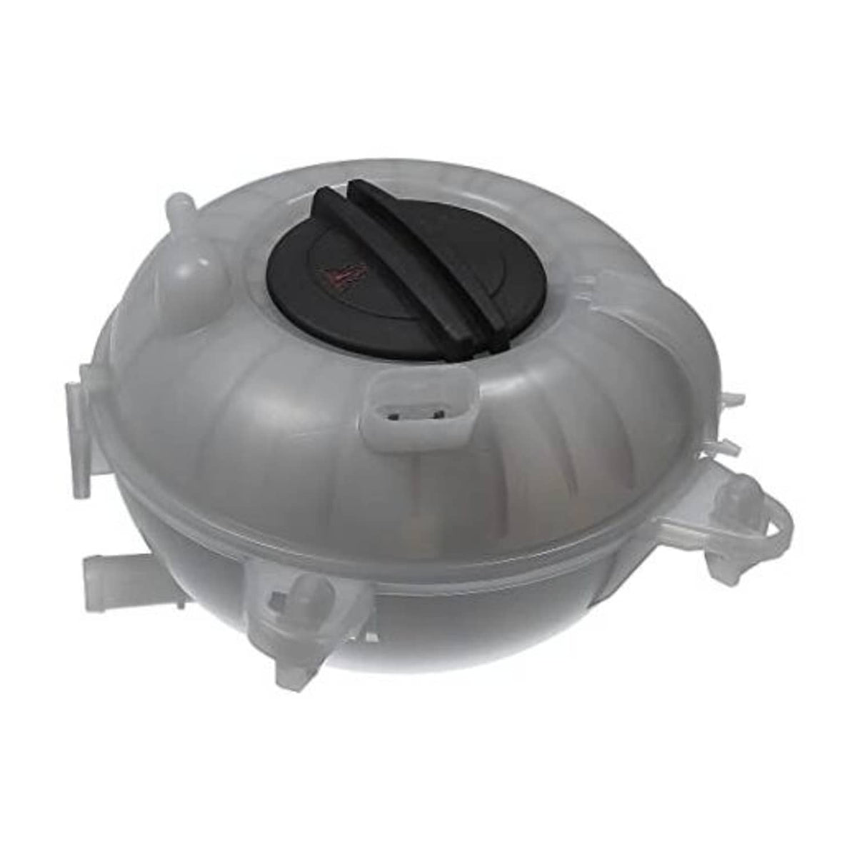 Automotive coolant expansion reservoir tank with black cap, round translucent housing