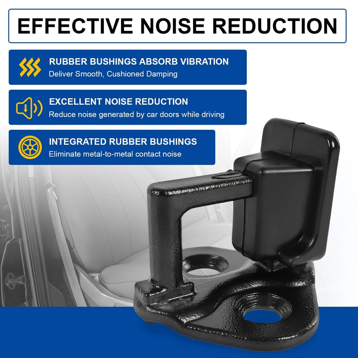 Black anti-rattle door lock striker with integrated rubber bushing