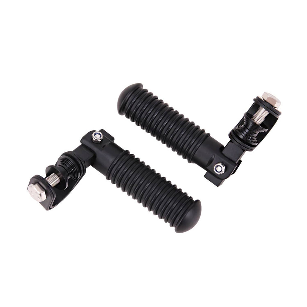 Black motorcycle crash foot peg pair with ribbed rubber rests and hardware