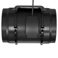 8 inch inline duct fan, black housing with mounting clamps and power cord
