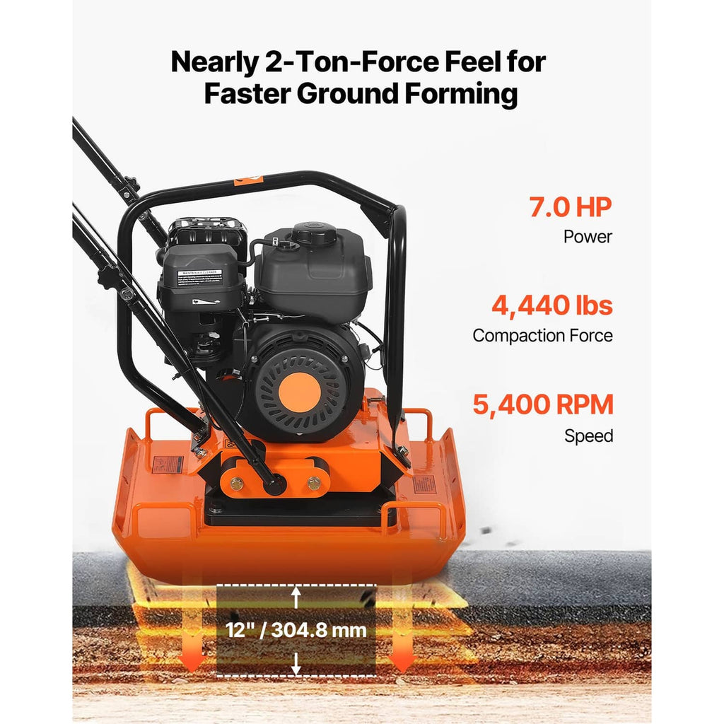 Orange plate compactor with black engine, front plate, and curved handle