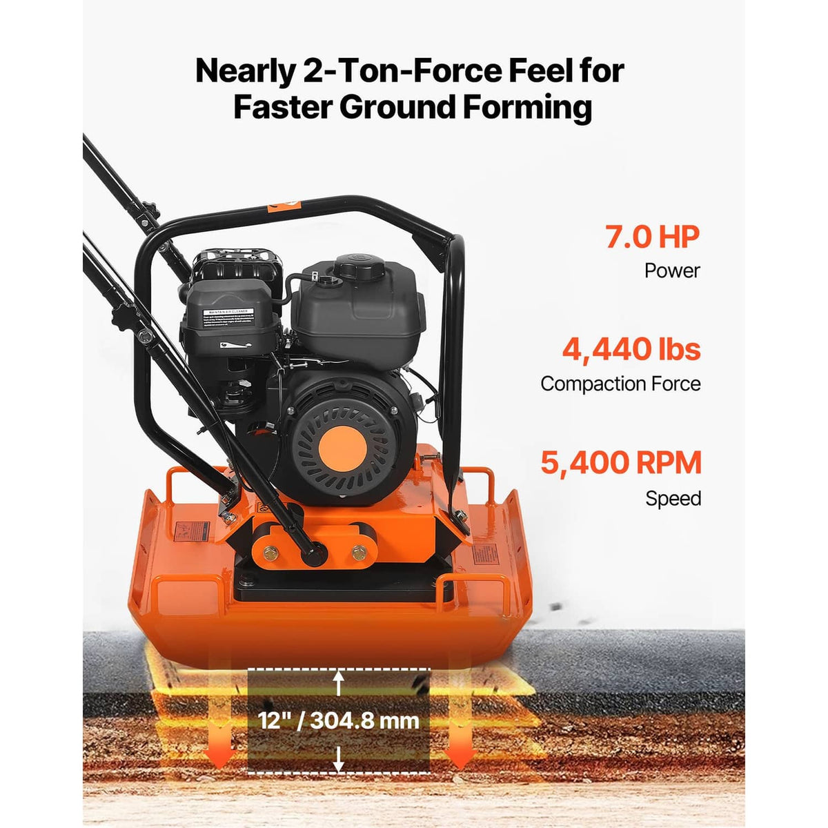 Orange plate compactor with black engine, front plate, and curved handle