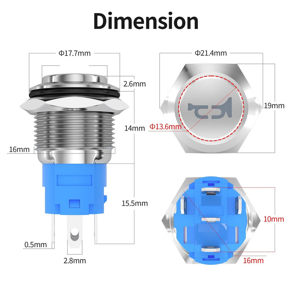 Horn button switch dimension diagram with blue base and chrome push-button face