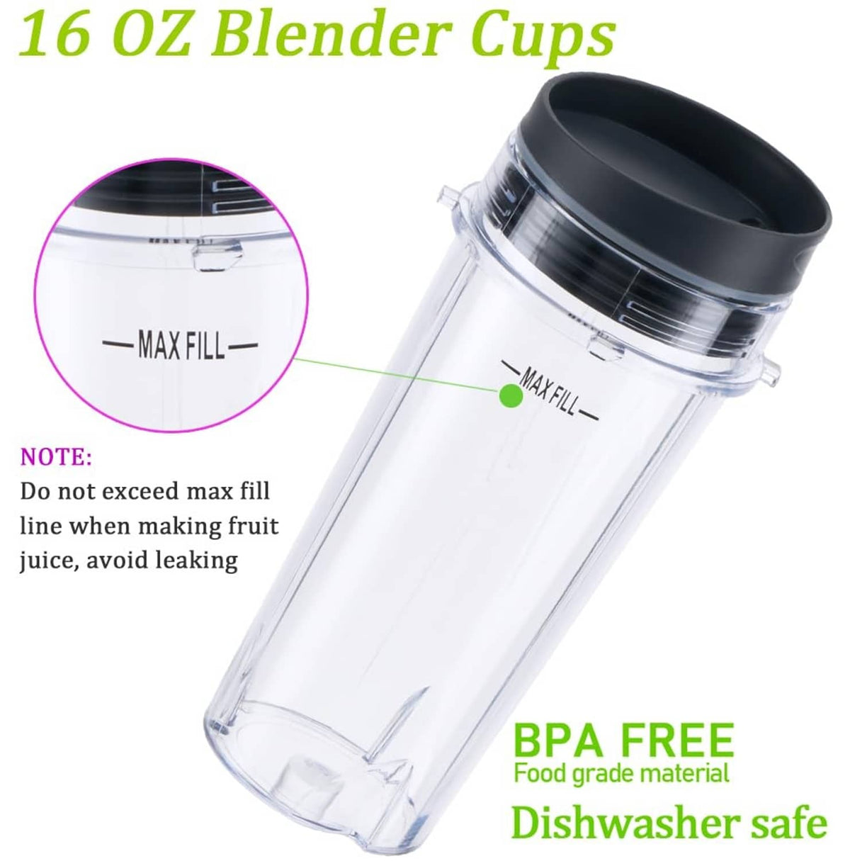 Clear 16 oz blender cup with black lid, MAX FILL line, BPA-free.
