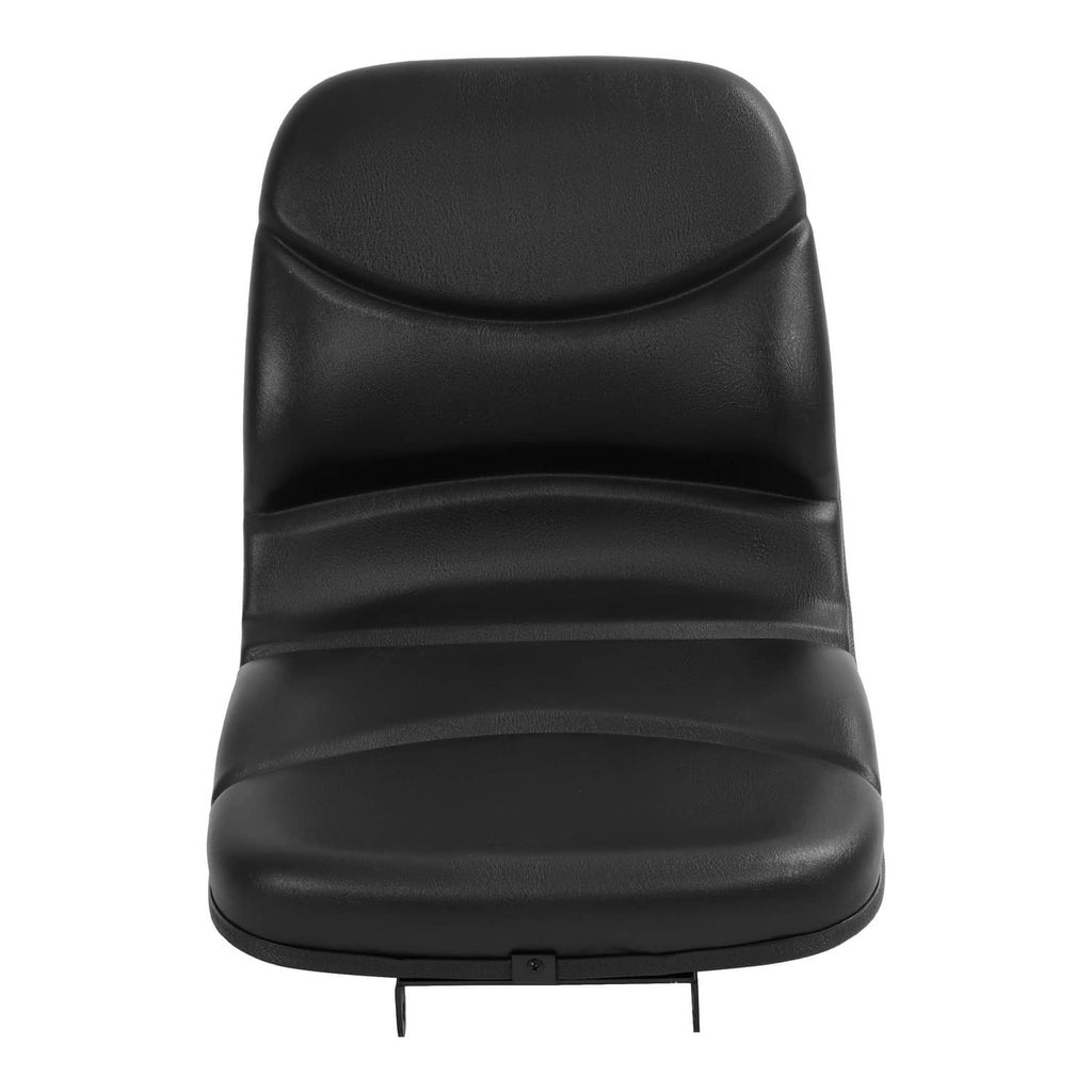 Black tractor seat front view with padded backrest and base support tabs