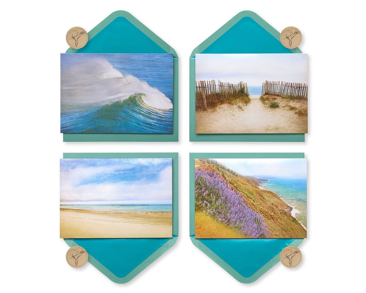 Seaside note cards with teal envelopes and beach artwork, set of 4 cards