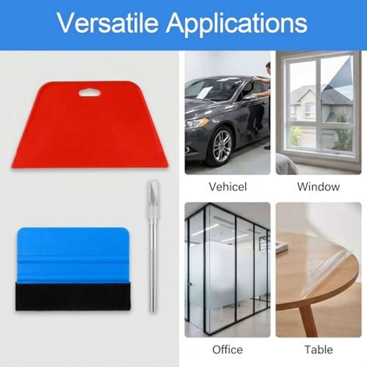 Vinyl wrap squeegee set with red scraper, blue felt pad, and silver blade tool