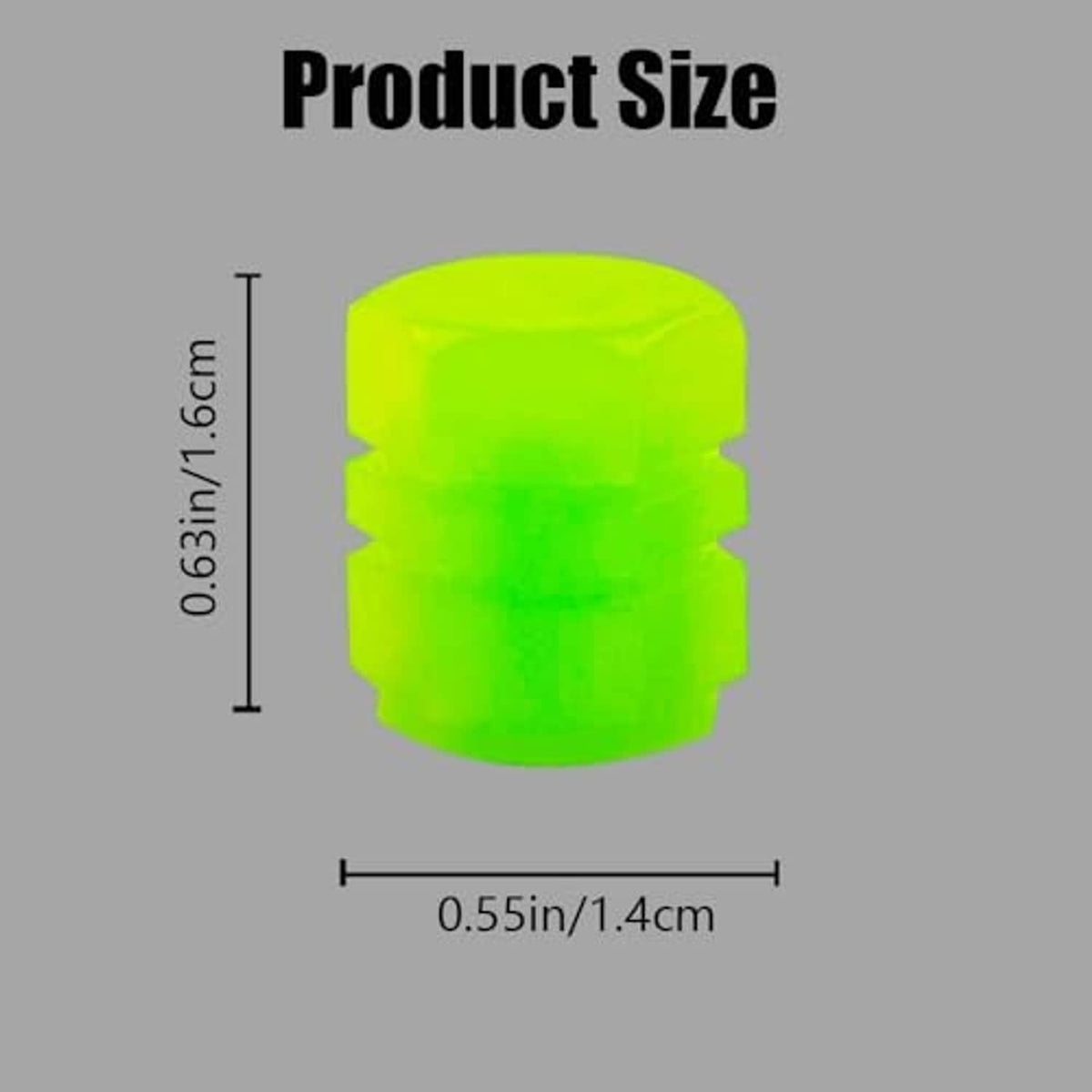 Neon green glowing tire valve air cap, cylindrical with ribbed sides