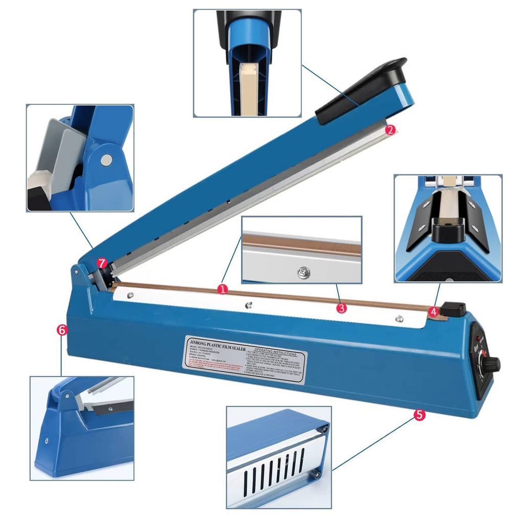 Blue manual heat sealer with sturdy handle and adjustable sealing cover