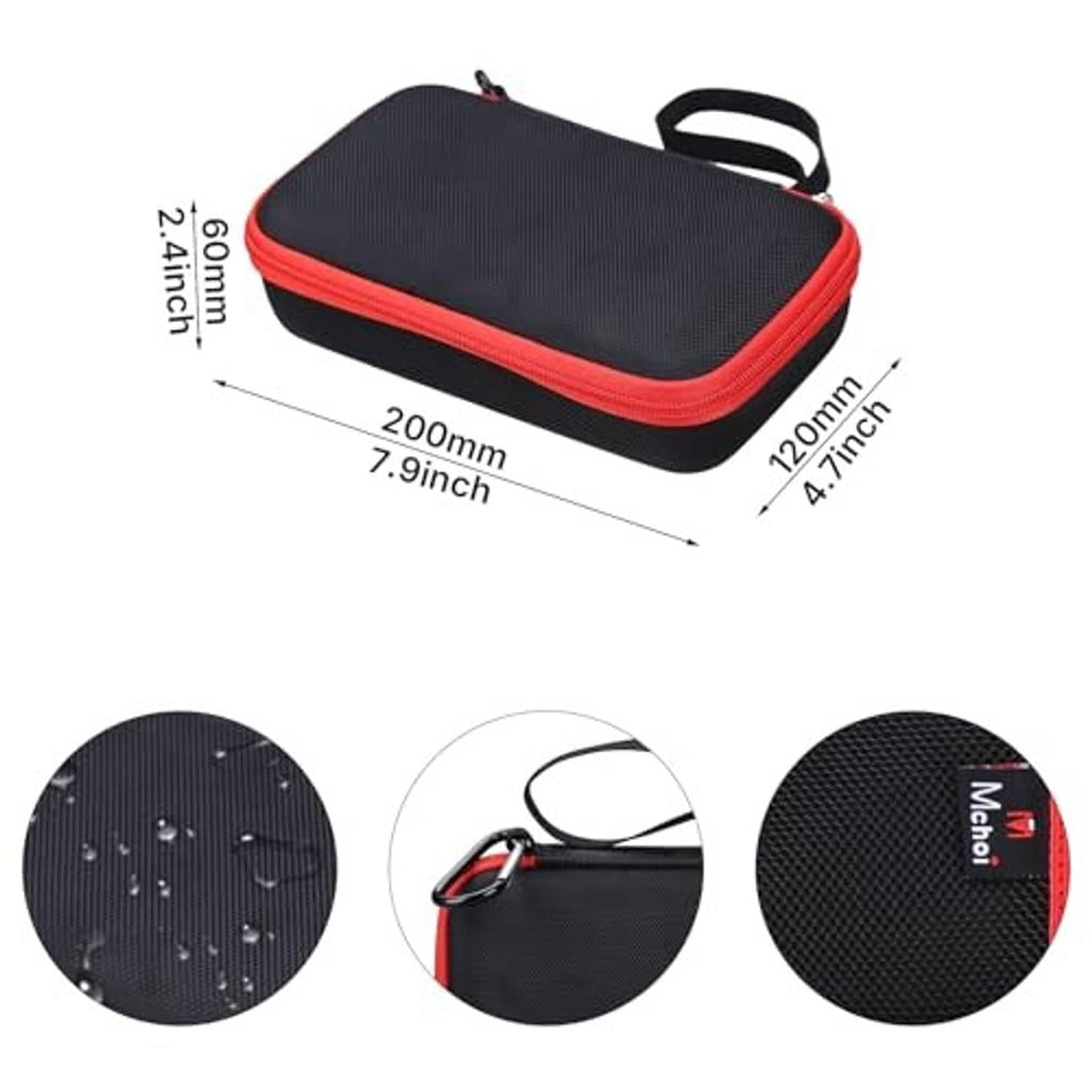 Black hard EVA carrying case with red border; includes measurement and detail callouts.
