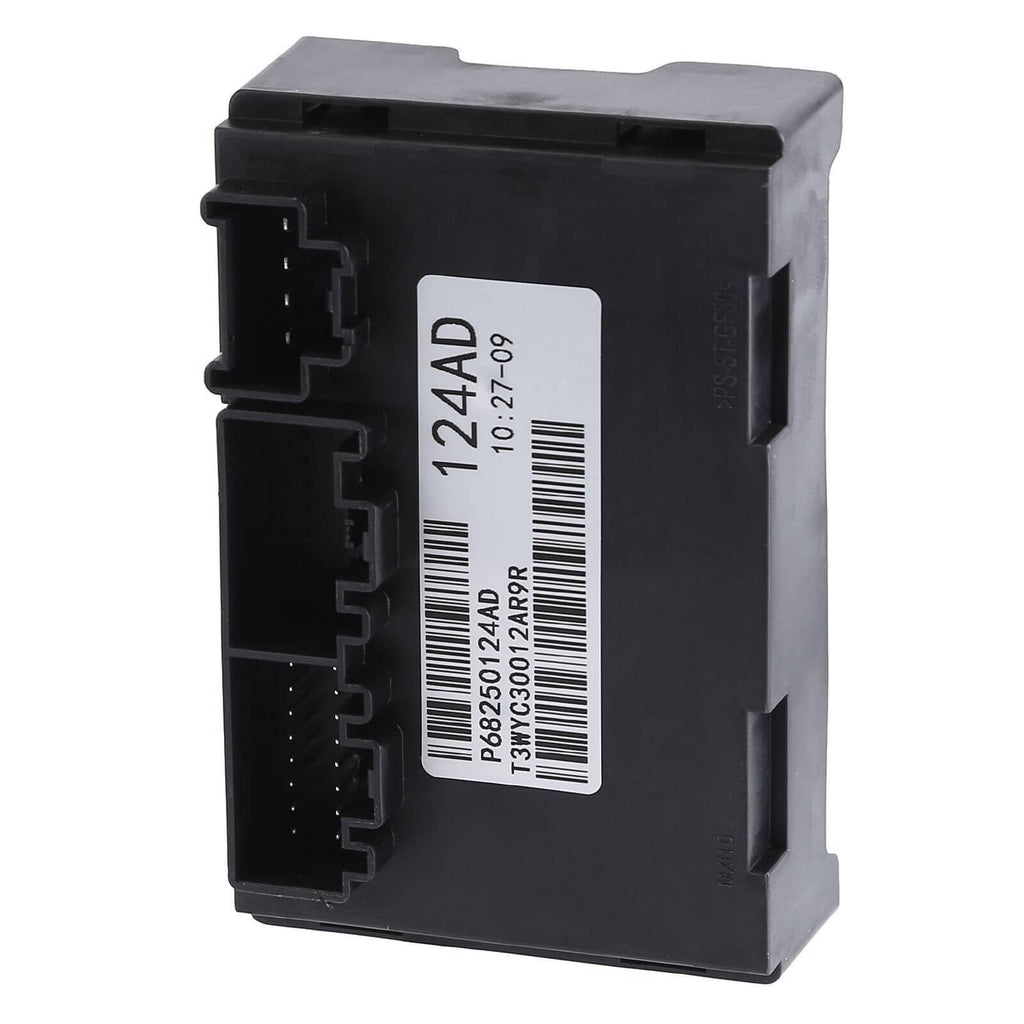 Black transfer case control module with white barcode sticker and side ports