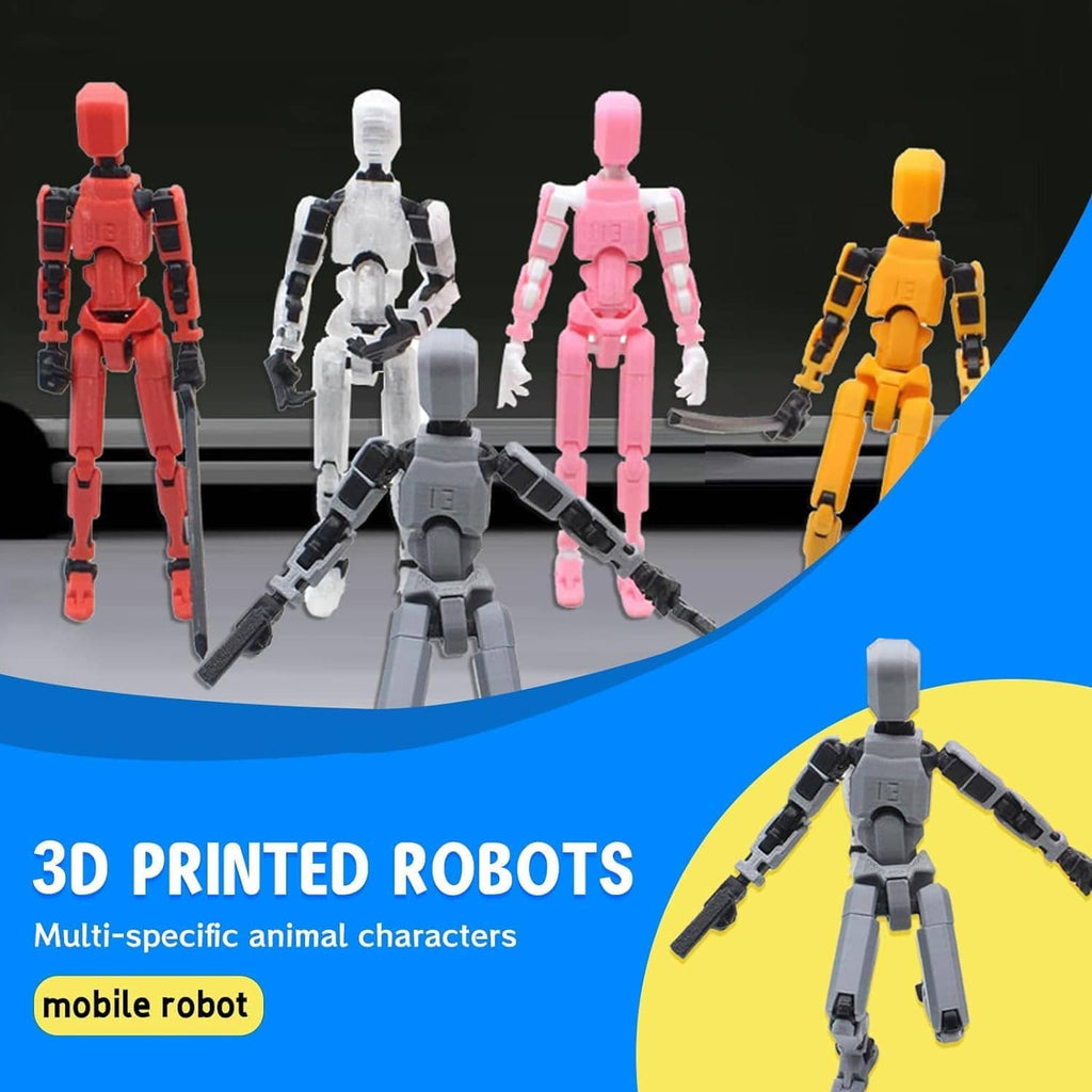 Red, white, pink, and orange articulated robot action figures lineup