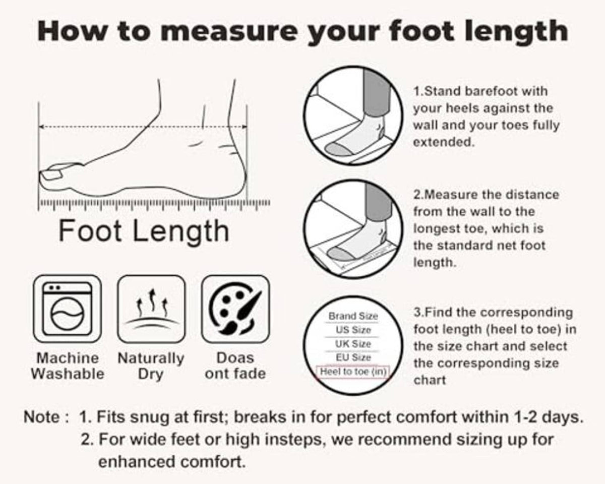 Foot length measuring guide with size chart icons for slipper fitting