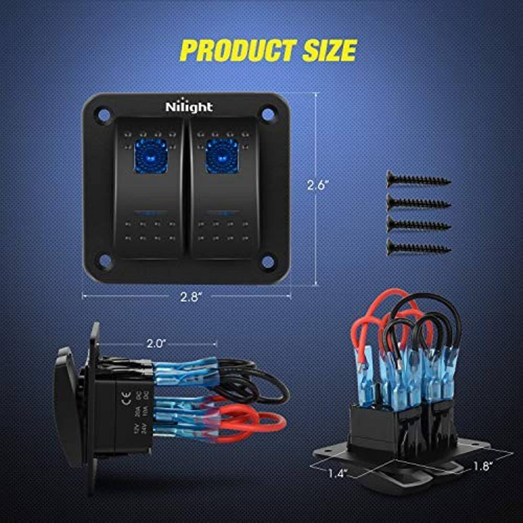 Nilight 2-gang rocker switch panel size view with blue indicator switches