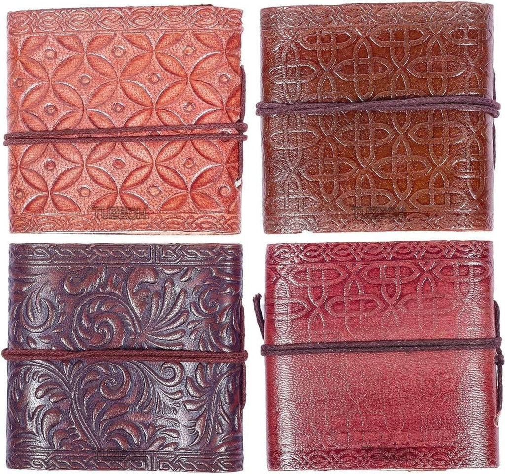 Embossed leather mini pocket notebooks with floral and lattice patterns, tied covers