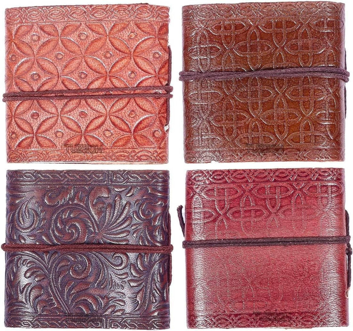 Embossed leather mini pocket notebooks with floral and lattice patterns, tied covers