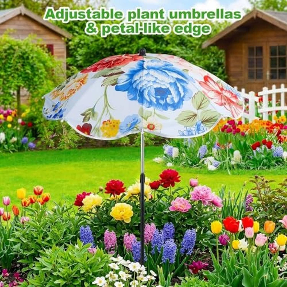 Floral outdoor plant umbrella with adjustable pole over a flower garden