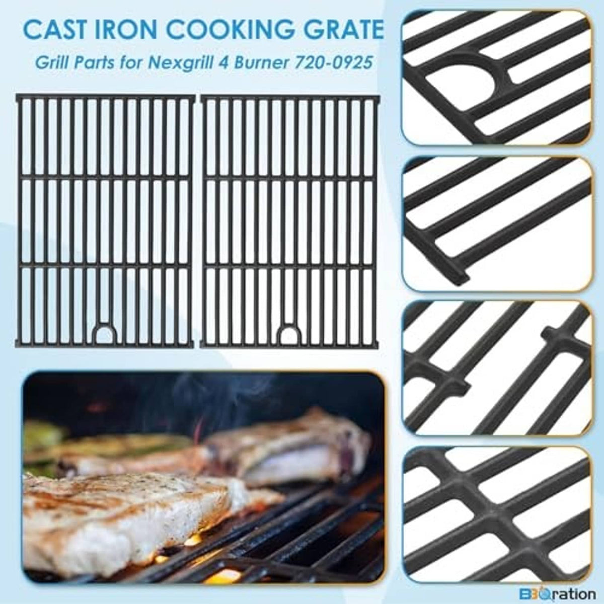 Black cast-iron cooking grate set with slats and arched lift handles