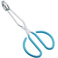Stainless scissor-style kitchen tongs with teal comfort-grip handles