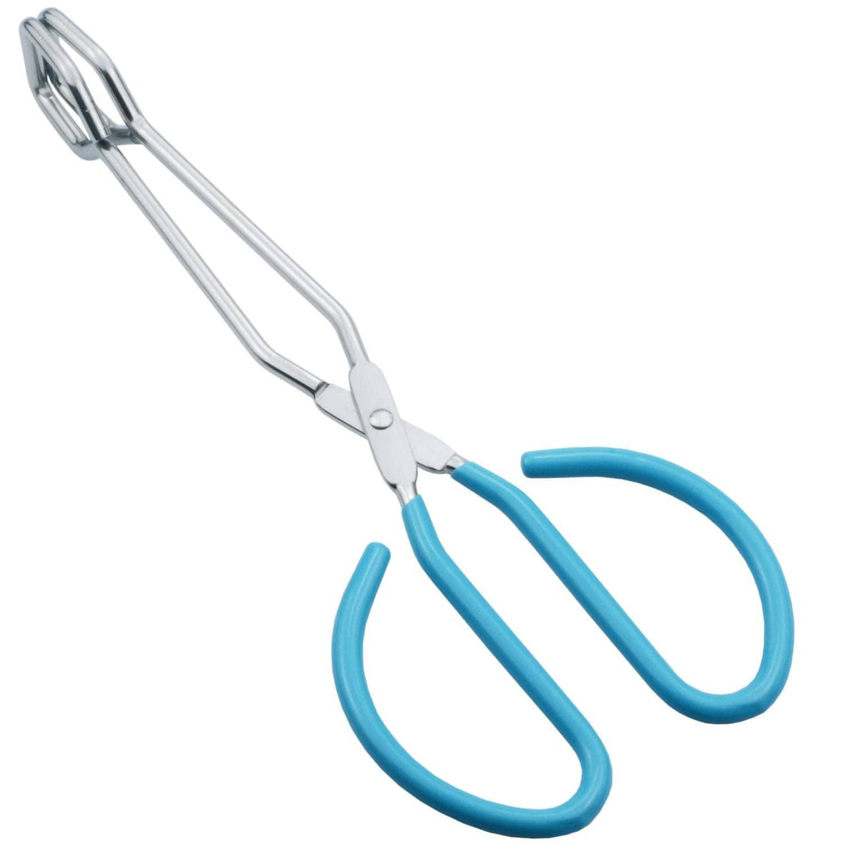 Stainless scissor-style kitchen tongs with teal comfort-grip handles