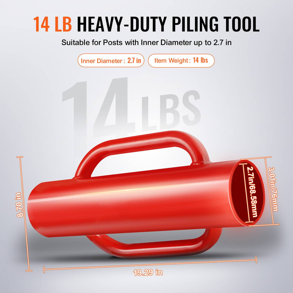 Red steel post pounder with U-shaped handles and wide cylindrical driver tube