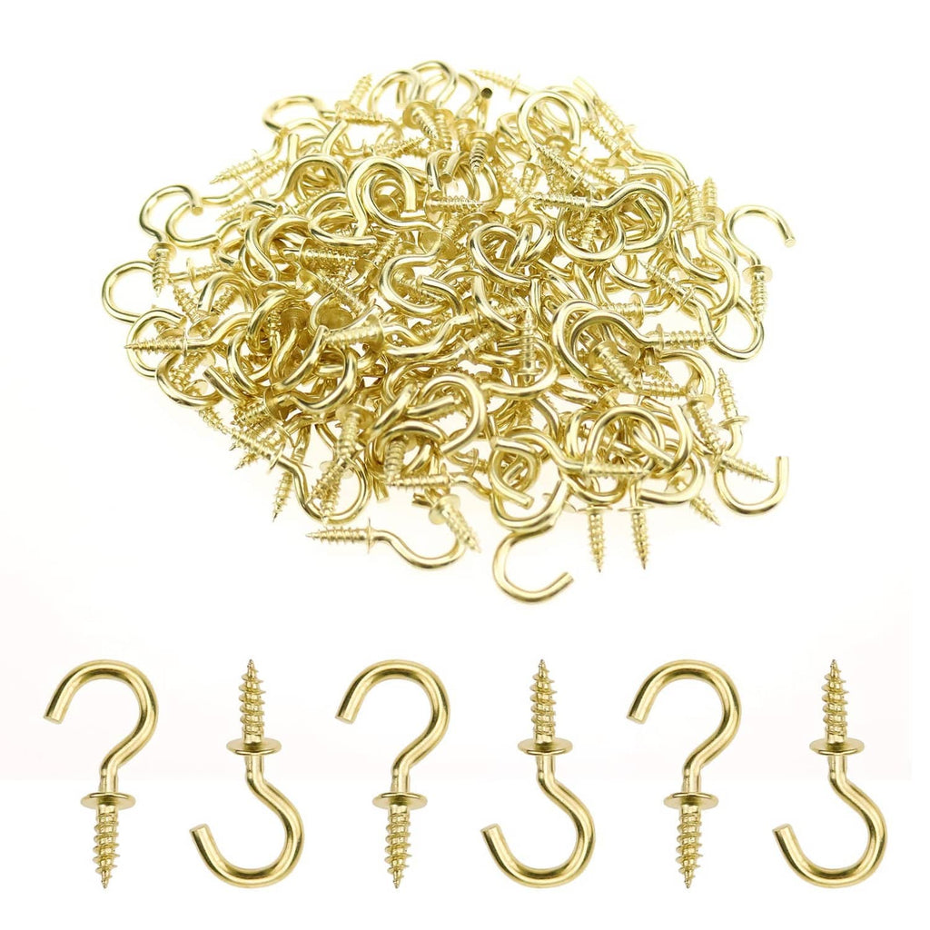 Gold mini ceiling screw hooks, curved cup hooks with pointed screw threads, bulk set