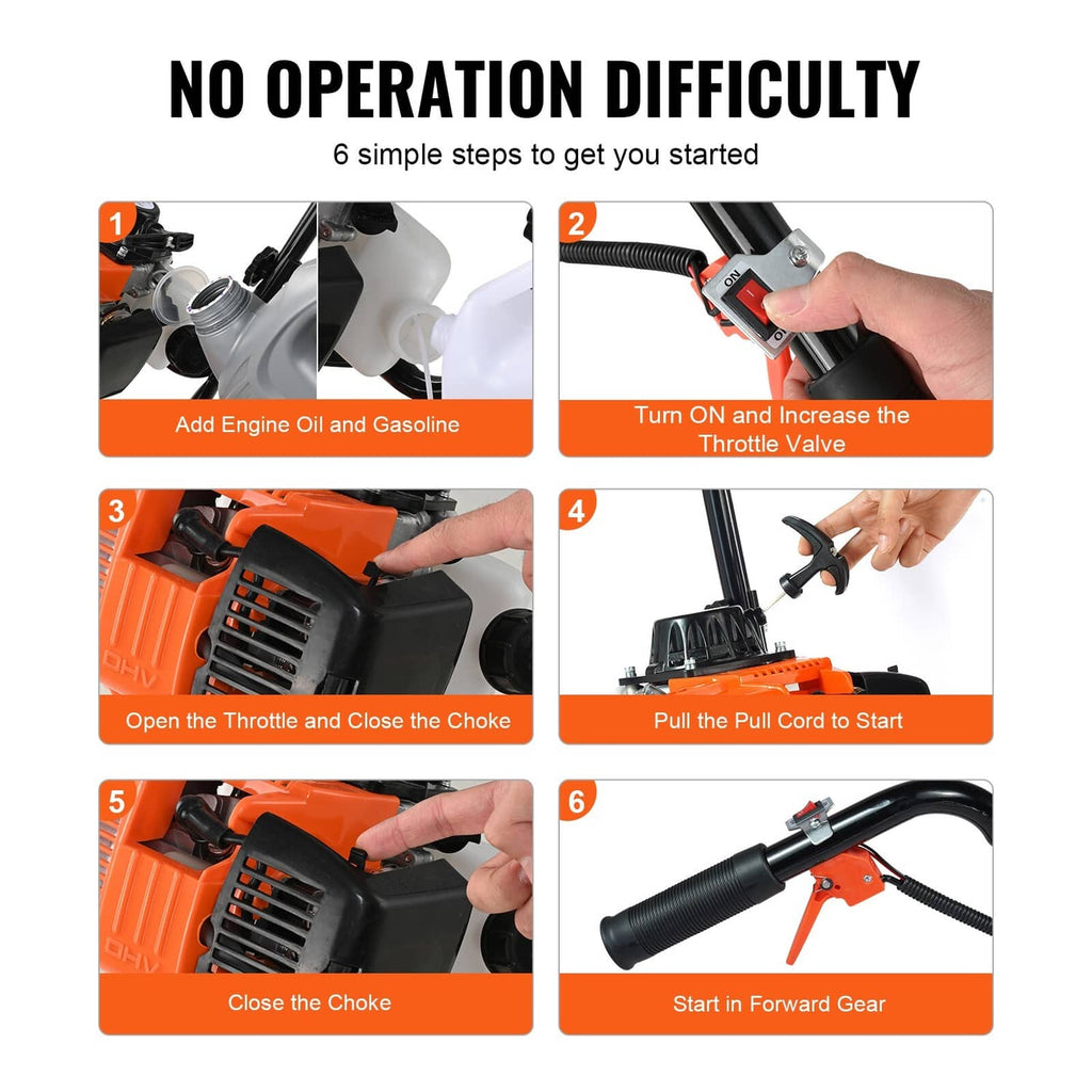 Gas tiller cultivator start-up control shown with orange engine and black control lever
