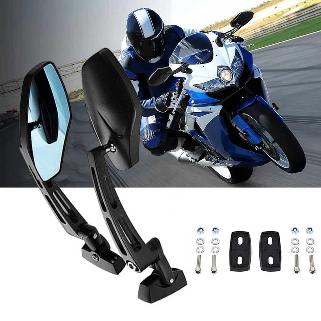 Pair of black mirrors with blue-tinted lenses mounted on a blue sport motorcycle