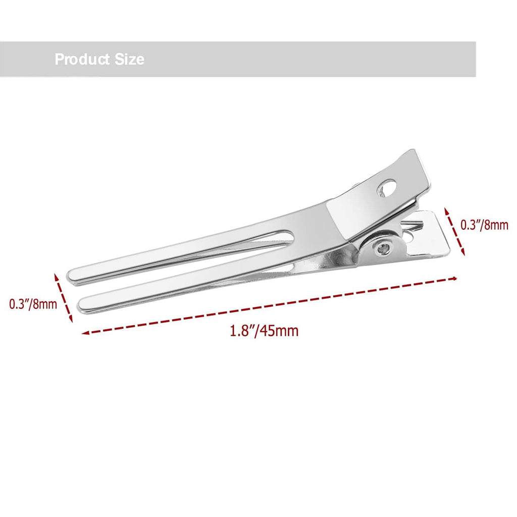 1.8 in silver double-prong metal hair clip with sizing measurements