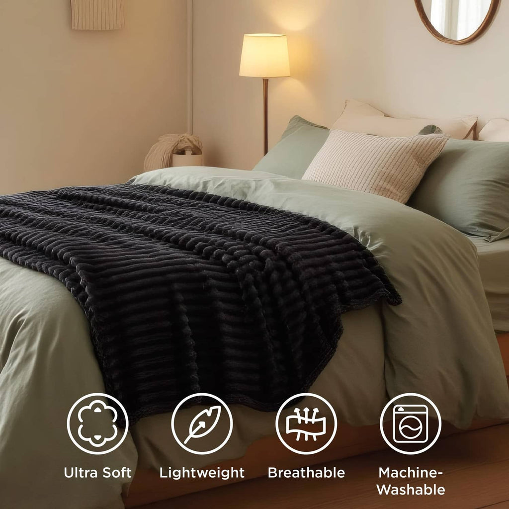 Black throw blanket on a bed with striped channel texture and feature icons