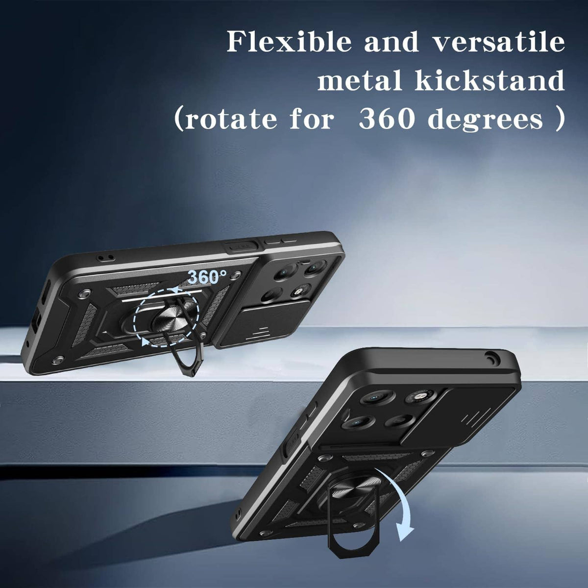 Black rugged phone case with adjustable metal kickstand for multiple angles