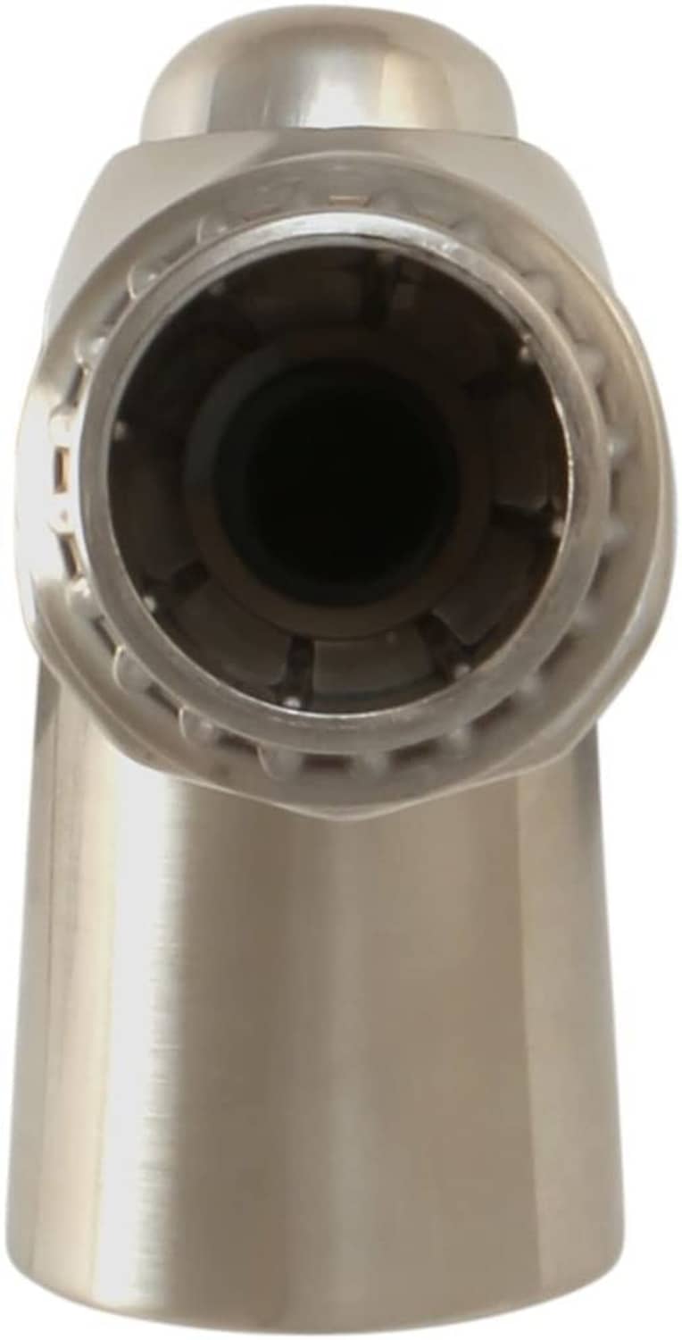 Brushed nickel side spray head underside with circular nozzle opening