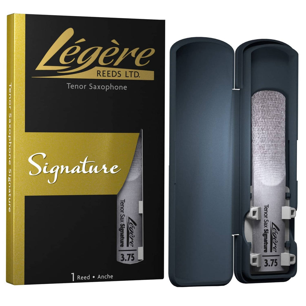 Synthetic tenor saxophone reed, strength 3.75, with clear reed and blue carry case